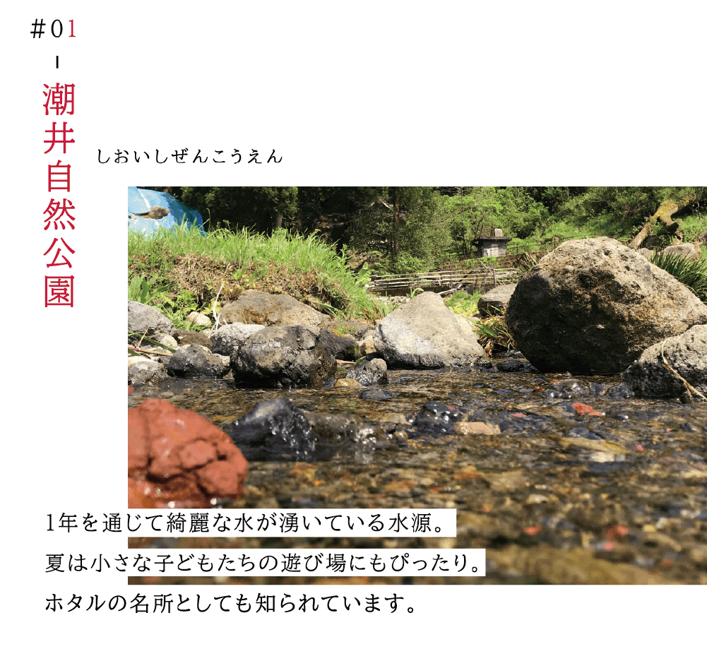 01潮井自然公園（しおいしぜんこうえん） 一年を通じて綺麗な水が湧いている水源。 夏は小さな子どもたちの遊び場にもぴったり。 蛍の名所としても知られています。 （綺麗な清流の写真）