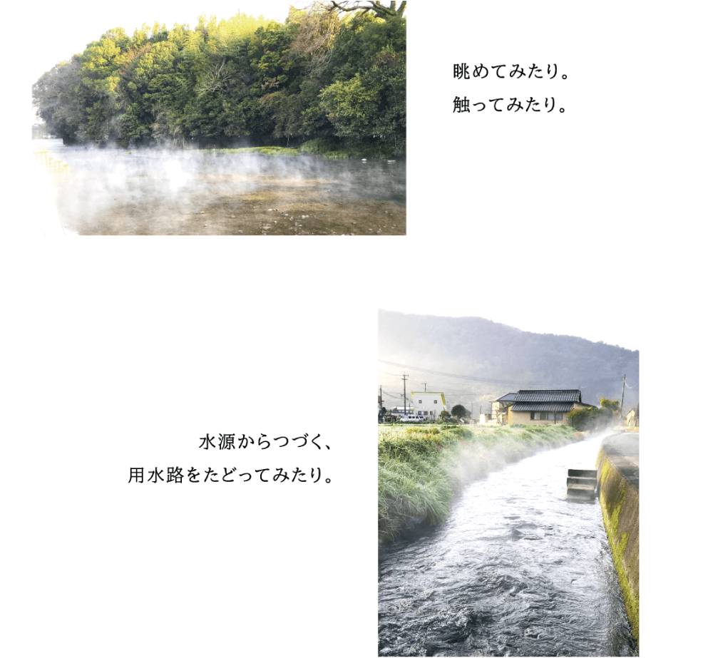 眺めてみたり。触ってみたり。 水源からつづく、用水路をたどってみたり。 （赤い水源の水辺や、水源から続く水路から、霧が立ち上がる写真）