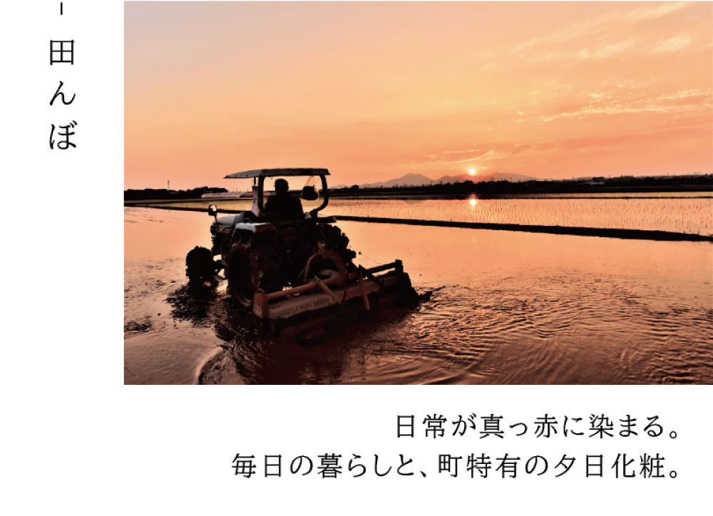 田んぼ　日常が真っ赤に染まる。毎日の暮らしと、町特有の夕日化粧。