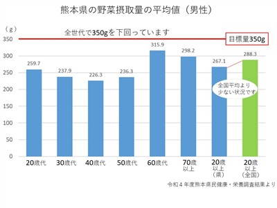 熊本県男性の野菜摂取量平均